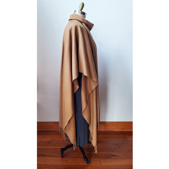 90's Camel Longline 100% Lambswool Wool Cape with Attached Scarf - Picture 2 of 5